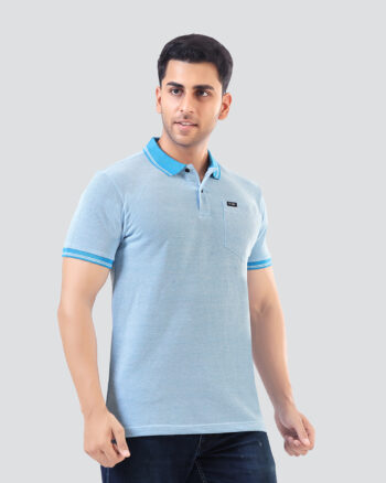 Men’s Structured Piqué Polo with Woven Pocket Label – Sky Blue & Red
