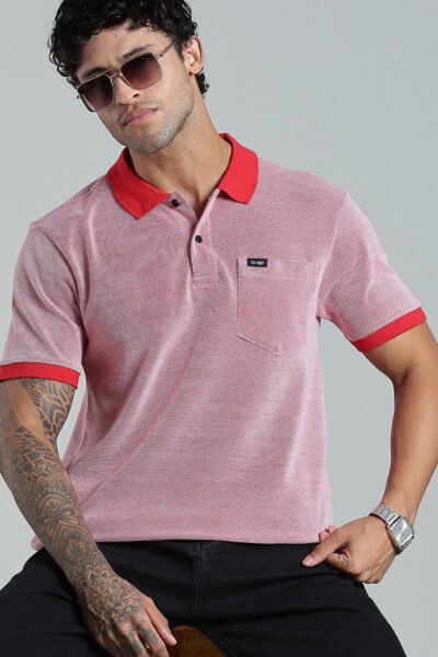Men’s Structured Piqué Polo with Woven Pocket Label – Sky Blue & Red - RED, XXL