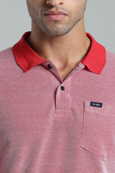 Men’s Structured Piqué Polo with Woven Pocket Label – Sky Blue & Red - RED, XXL