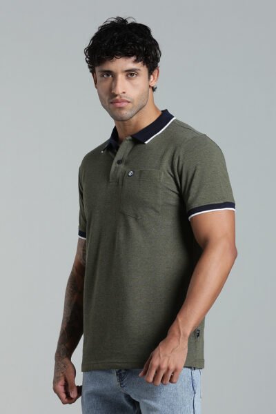Men’s Melange Polo with Contrast Collar & Rubber Badge – Multi-Colour Edition - OLIVE MEL, XXL