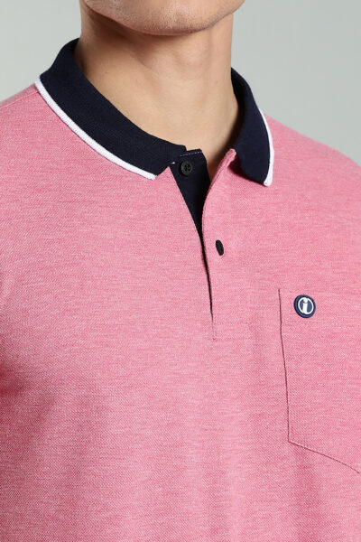 Men’s Melange Polo with Contrast Collar & Rubber Badge – Multi-Colour Edition - PINK MELANGE, XXL