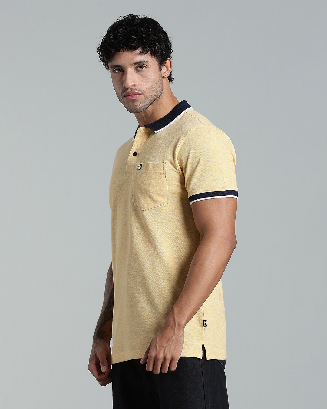 Men’s Melange Polo with Contrast Collar & Rubber Badge – Multi-Colour Edition