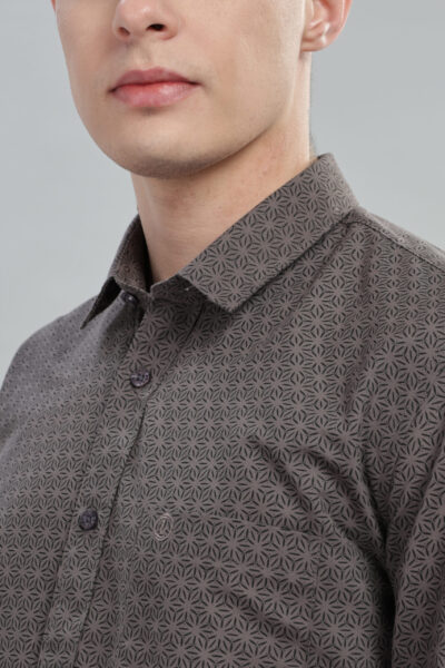 Men’s Cotton AOP Long Sleeve Shirt with Pocket Embroidery – White & Brown - BROWN, XXL