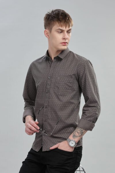 Men’s Cotton AOP Long Sleeve Shirt with Pocket Embroidery – White & Brown - BROWN, XXL