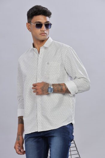 Men’s Cotton AOP Long Sleeve Shirt with Pocket Embroidery – White & Brown