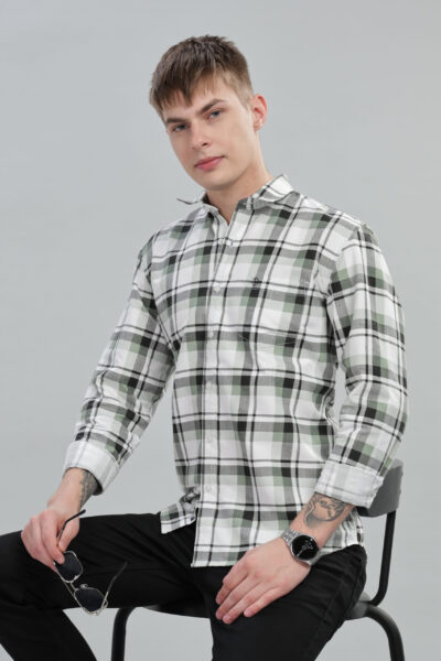 Men’s Cotton-Rich Checked Long Sleeve Shirt with Pocket Embroidery – Green & Sandal - DARK GREEN, XXL