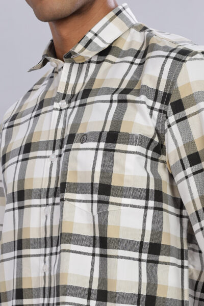 Men’s Cotton-Rich Checked Long Sleeve Shirt with Pocket Embroidery – Green & Sandal - SANDAL, XXL