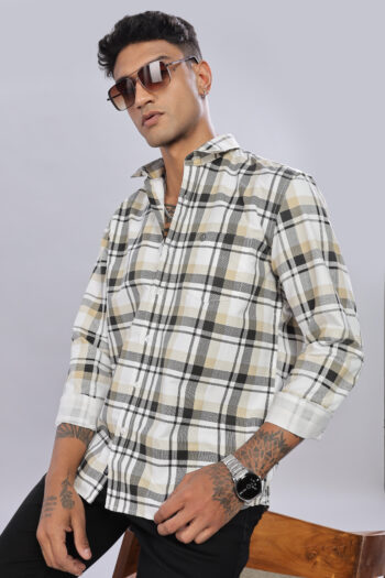 Men’s Cotton-Rich Checked Long Sleeve Shirt with Pocket Embroidery – Green & Sandal