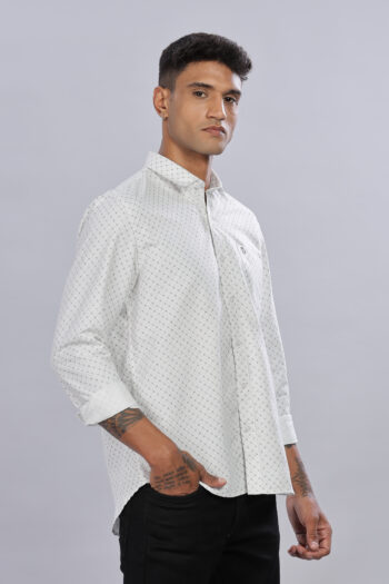 Men’s Cotton-Rich AOP Long Sleeve Shirt with Pocket Embroidery – White