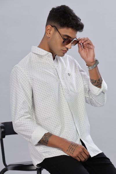 Men’s Cotton-Rich AOP Long Sleeve Shirt with Pocket Embroidery – White - WHITE, XXL