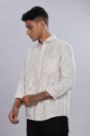 Men’s Premium Linen-Stripe Cotton Long Sleeve Shirt with Pocket Embroidery – Ecru