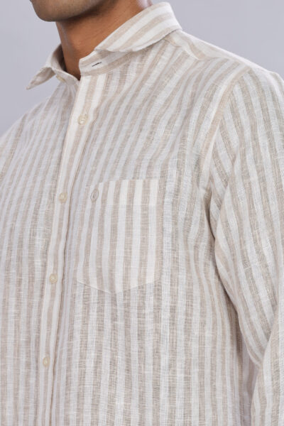 Men’s Premium Linen-Stripe Cotton Long Sleeve Shirt with Pocket Embroidery – Ecru - ECRU, XXL