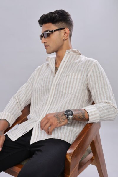 Men’s Premium Linen-Stripe Cotton Long Sleeve Shirt with Pocket Embroidery – Ecru - ECRU, XXL