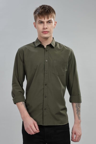 Men’s Cotton-Rich Solid Long Sleeve Shirt with Pocket Embroidery – Five Colour Options - OLIVE, XXL