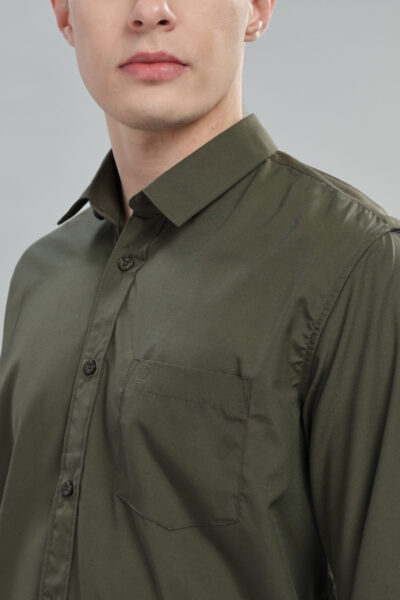 Men’s Cotton-Rich Solid Long Sleeve Shirt with Pocket Embroidery – Five Colour Options - OLIVE, L