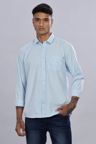 Men’s Cotton-Rich Solid Long Sleeve Shirt with Pocket Embroidery – Five Colour Options - SKY BLUE, L