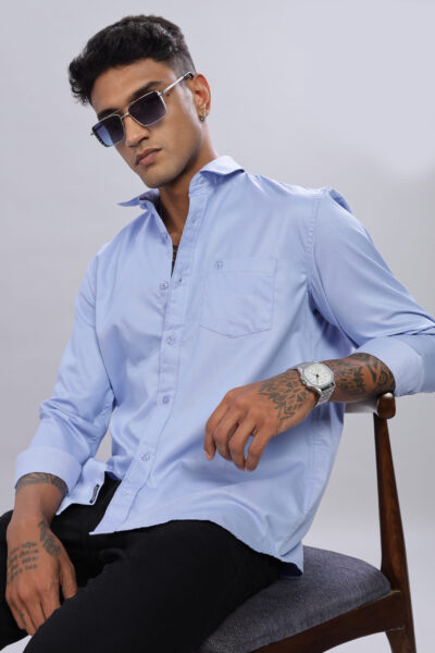 Men’s Cotton-Rich Solid Long Sleeve Shirt with Pocket Embroidery – Blue, Pink & Grey - BLUE, XXL