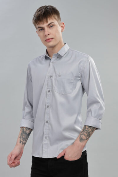 Men’s Cotton-Rich Solid Long Sleeve Shirt with Pocket Embroidery – Blue, Pink & Grey - GREY, XXL