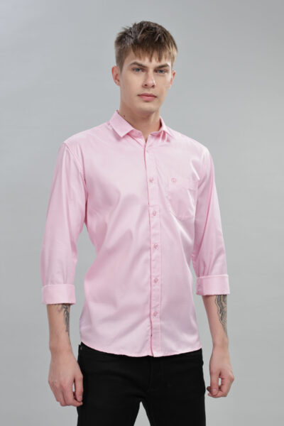 Men’s Cotton-Rich Solid Long Sleeve Shirt with Pocket Embroidery – Blue, Pink & Grey