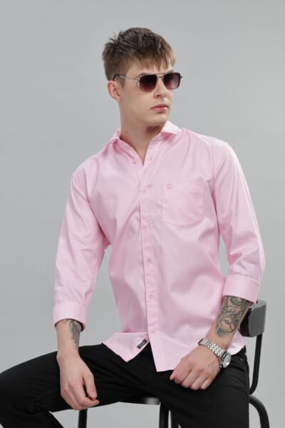 Men’s Cotton-Rich Solid Long Sleeve Shirt with Pocket Embroidery – Blue, Pink & Grey - PINK, XXL