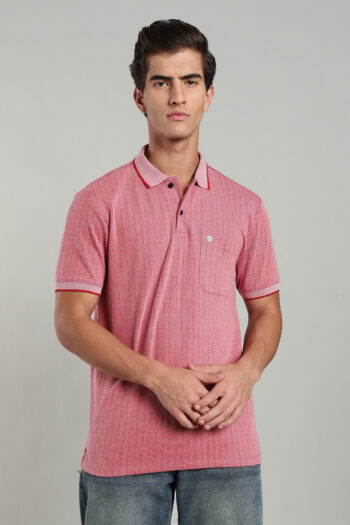 Men’s Premium Structured Polo T-Shirt with Contrast Tipping & Pocket – Tan & Pink Red
