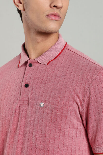 Men’s Premium Structured Polo T-Shirt with Contrast Tipping & Pocket – Tan & Pink Red - PINK RED, XXL