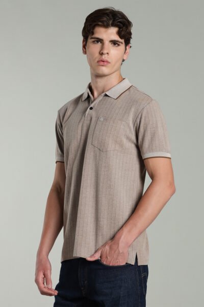 Men’s Premium Structured Polo T-Shirt with Contrast Tipping & Pocket – Tan & Pink Red - TAN, XXL