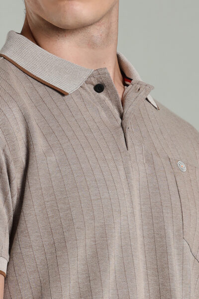 Men’s Premium Structured Polo T-Shirt with Contrast Tipping & Pocket – Tan & Pink Red - TAN, L