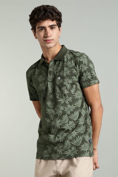 Men’s Cotton-Rich Leaf Print AOP Polo T-Shirt with HD Logo – White & Olive - OLIVE, XXL