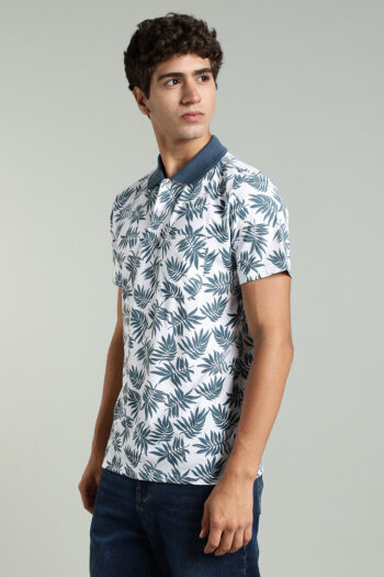 Men’s Cotton-Rich Leaf Print AOP Polo T-Shirt with HD Logo – White & Olive