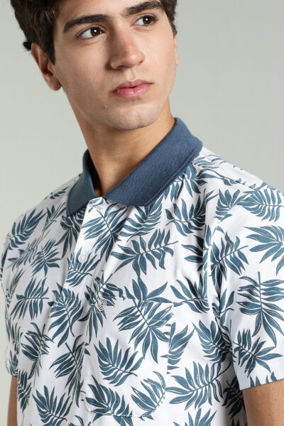 Men’s Cotton-Rich Leaf Print AOP Polo T-Shirt with HD Logo – White & Olive - WHITE, XXL