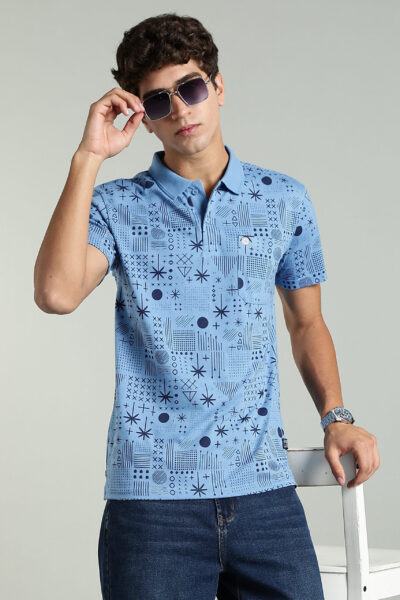 Men’s Cotton-Rich AOP Polo T-Shirt with Contrast HD Logo – White & Blue