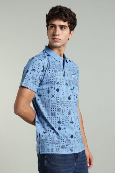 Men’s Cotton-Rich AOP Polo T-Shirt with Contrast HD Logo – White & Blue - BLUE, XXL