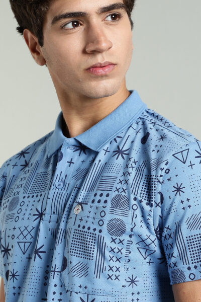 Men’s Cotton-Rich AOP Polo T-Shirt with Contrast HD Logo – White & Blue - BLUE, XXL