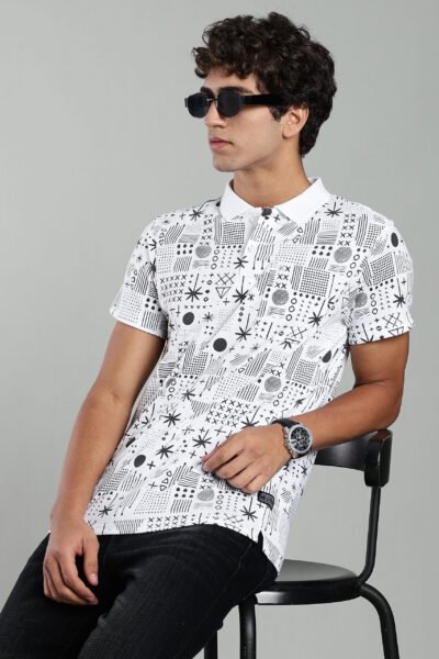 Men’s Cotton-Rich AOP Polo T-Shirt with Contrast HD Logo – White & Blue - WHITE, XXL