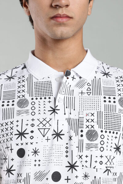 Men’s Cotton-Rich AOP Polo T-Shirt with Contrast HD Logo – White & Blue - WHITE, XXL