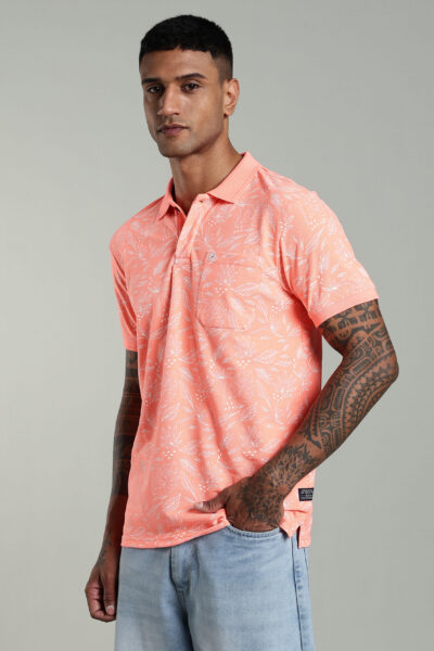 Men’s Cotton-Rich Pique AOP Polo T-Shirt with Leaf Print & HD Pocket Logo