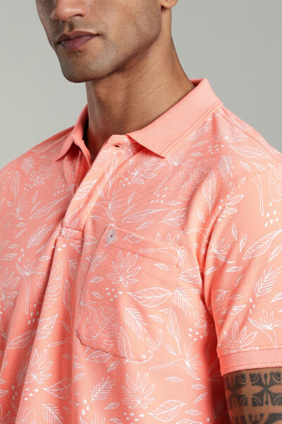 Men’s Cotton-Rich Pique AOP Polo T-Shirt with Leaf Print & HD Pocket Logo - FIERY CORAL, XXL