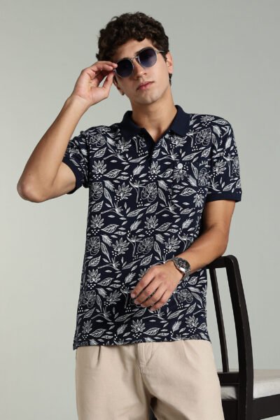 Men’s Cotton-Rich Pique AOP Polo T-Shirt with Leaf Print & HD Pocket Logo - NAVY, XXL
