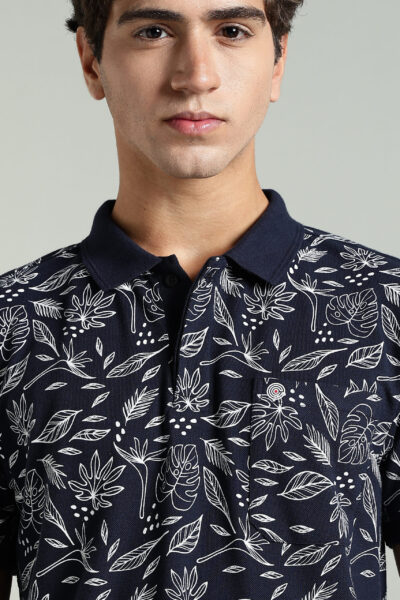 Men’s Cotton-Rich Pique AOP Polo T-Shirt with Leaf Print & HD Pocket Logo - NAVY, XXL