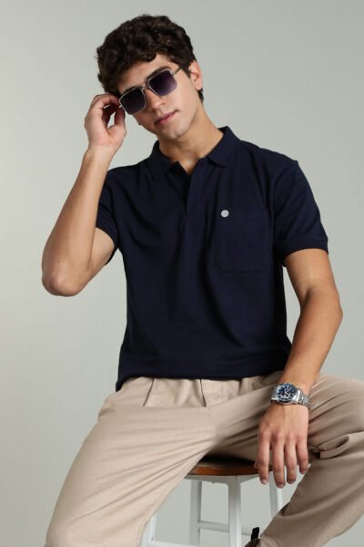 Men’s Cotton-Rich Pique Polo T-Shirt with HD Logo & AOP Yoke Design – Agate Grey, Navy & Wine - DEEP NAVY, XXL