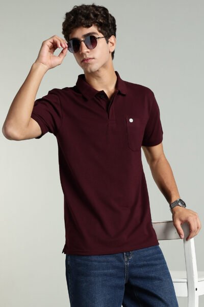 Men’s Cotton-Rich Pique Polo T-Shirt with HD Logo & AOP Yoke Design – Agate Grey, Navy & Wine - WINE, XXL