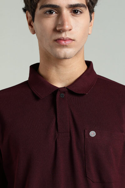 Men’s Cotton-Rich Pique Polo T-Shirt with HD Logo & AOP Yoke Design – Agate Grey, Navy & Wine - WINE, XXL