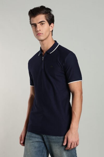 Men’s Premium Jacquard Polo T-Shirt with Metal Zipper & Contrast Tipping – Navy Blue & Seashell - NAVY, XXL