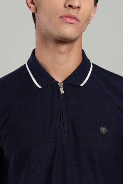 Men’s Premium Jacquard Polo T-Shirt with Metal Zipper & Contrast Tipping – Navy Blue & Seashell - NAVY, L