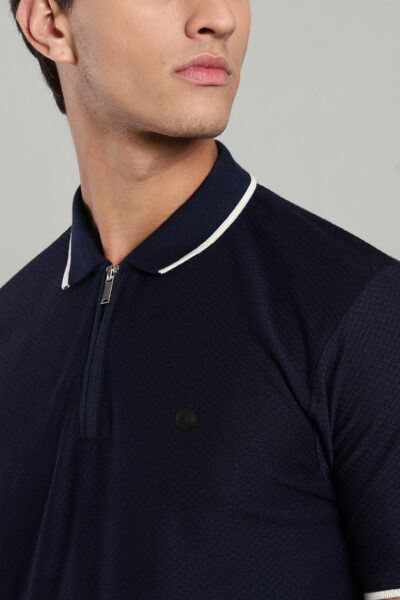 Men’s Premium Jacquard Polo T-Shirt with Metal Zipper & Contrast Tipping – Navy Blue & Seashell - NAVY, XXL