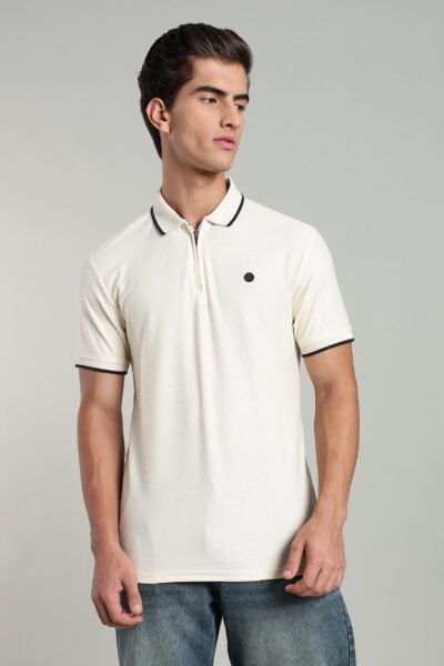 Men’s Premium Jacquard Polo T-Shirt with Metal Zipper & Contrast Tipping – Navy Blue & Seashell - SEA SHELL, XXL