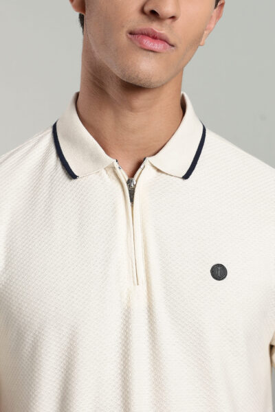 Men’s Premium Jacquard Polo T-Shirt with Metal Zipper & Contrast Tipping – Navy Blue & Seashell - SEA SHELL, XXL