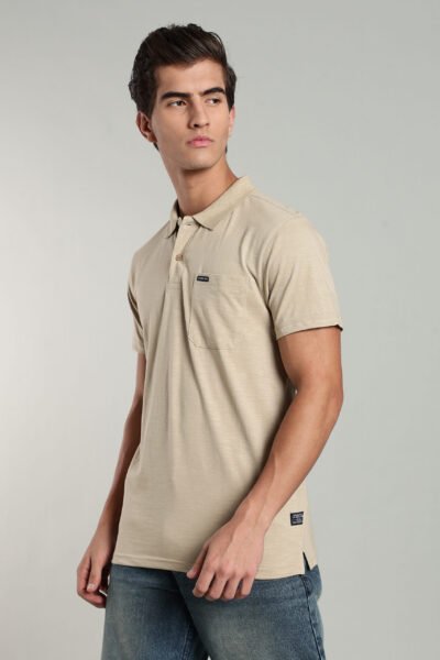 Men’s Premium Cotton-Rich Slub Polo T-Shirt with Woven Pocket Label - TAN, L