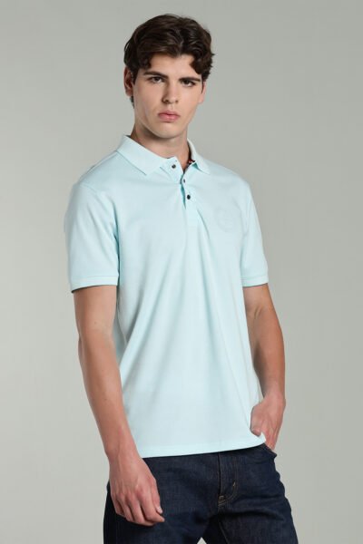 Men’s Cotton-Rich Birdseye Polo T-Shirt with Contrast Tipping & HD Chest Print - PALE CYAN, L